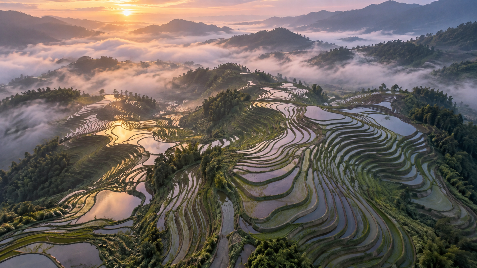 Terraced fields and misty hills at sunrise