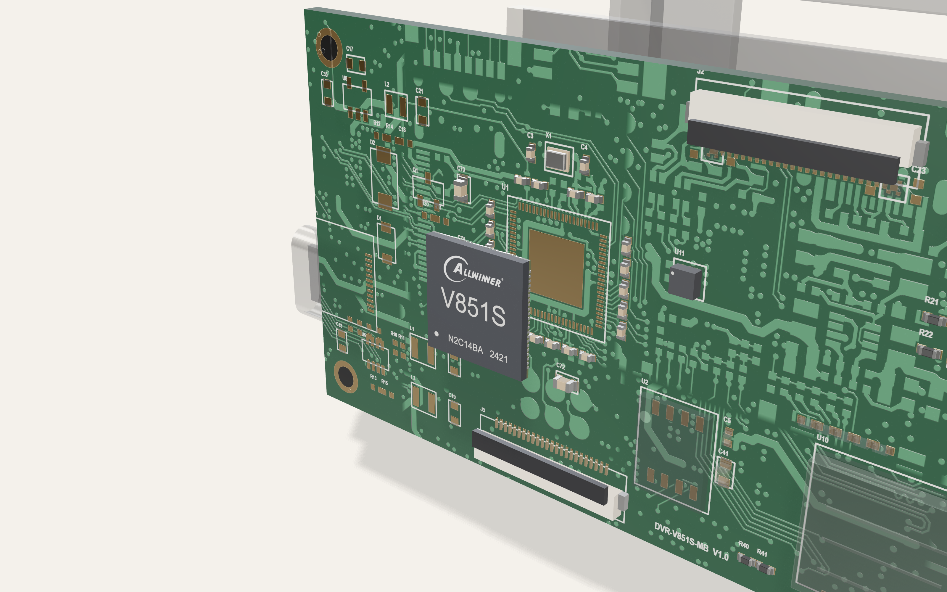 Front of the dashcam main board with the V851S chip.
