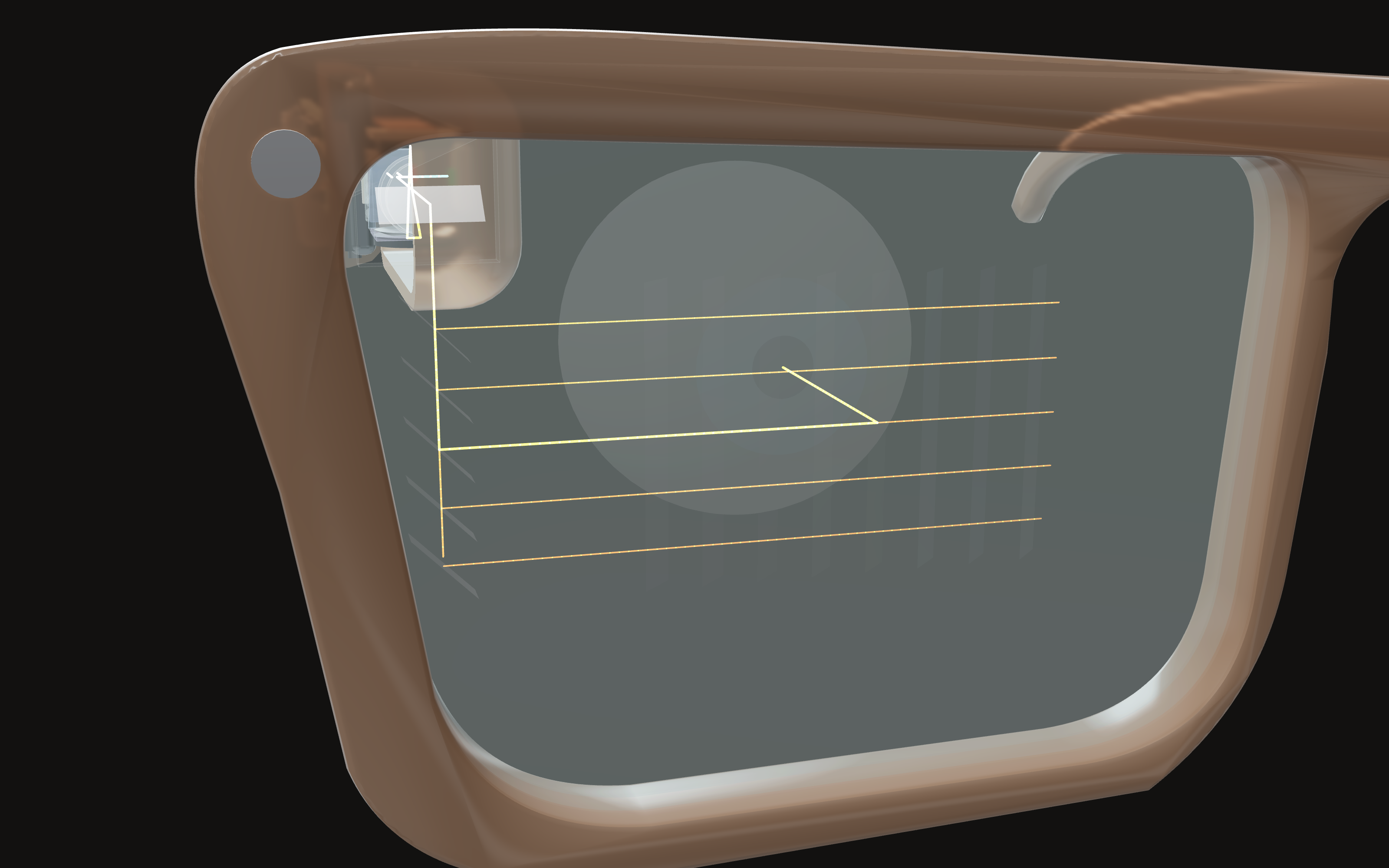 The waveguide in the right lens. The yellow lines sketch the light path.